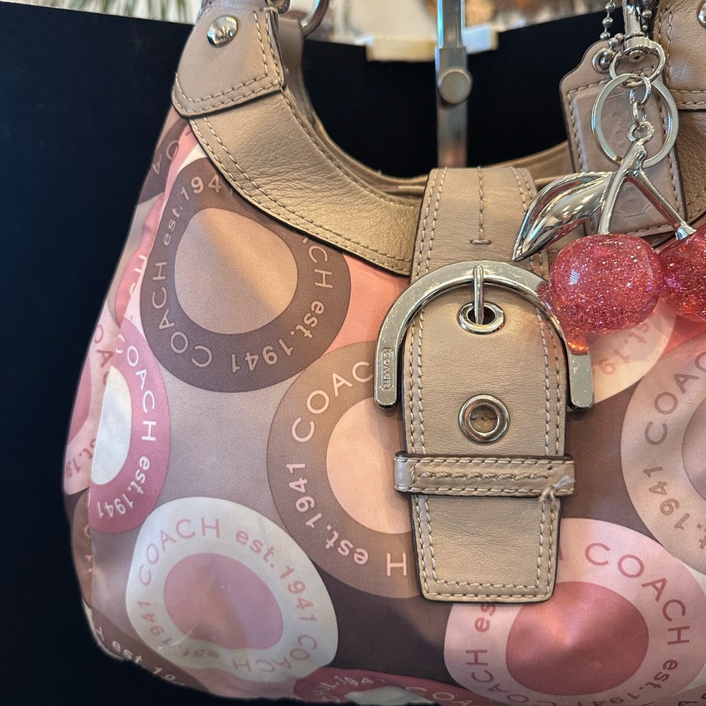 Coach 2011 Pink and Taupe Circle-Print Shoulder Satchel with Charm - Picture 3 of 15